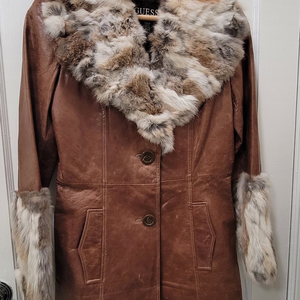 GUESS Brown Leather Coat with Multi-Tone Faux Fur Trim